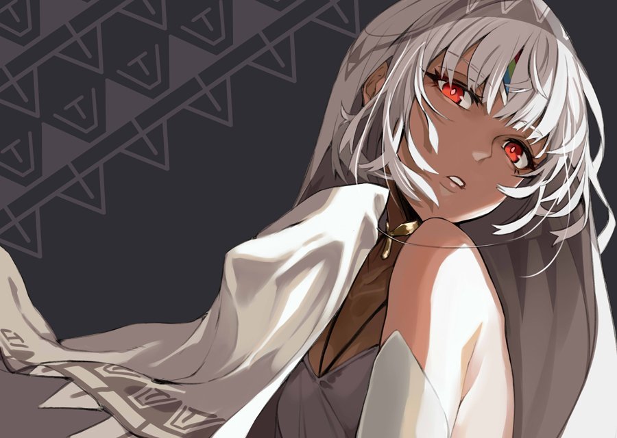 altera_(fate) alternate_costume bangs bare_back bare_shoulders collarbone dark_skin detached_sleeves dress eyebrows_visible_through_hair fate/extella fate/extra fate/grand_order fate_(series) headdress heroic_spirit_formal_dress jewelry looking_at_viewer parted_lips pokimari red_eyes short_hair silver_dress tagme tan tattoo veil white_hair