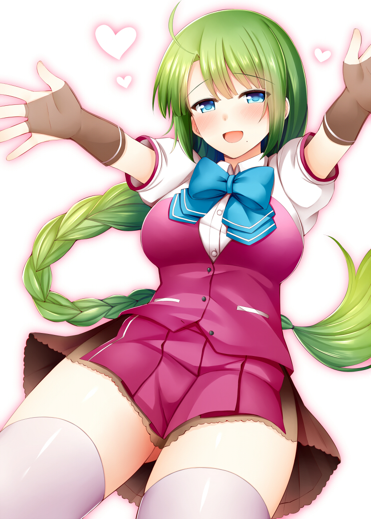 1girl bangs blue_eyes blush bow bowtie breasts brown_legwear eyebrows_visible_through_hair fingerless_gloves gloves gradient gradient_background green_hair hair_between_eyes heart kantai_collection large_breasts long_hair looking_at_viewer miniskirt open_mouth pink_vest ponytail rui_shi_(rayze_ray) school_uniform shirt skirt smile solo thighs very_long_hair vest white_legwear white_shirt yuugumo_(kantai_collection)
