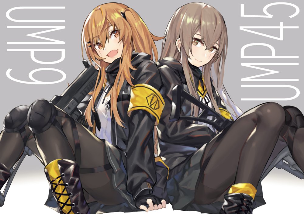 2girls :d armband bangs black_gloves black_legwear black_skirt brown_eyes brown_hair character_name closed_mouth crossed_bangs fang fingerless_gloves girls_frontline gloves gradient gradient_background grey_background grey_eyes grey_hair gun h&amp;k_ump hair_ornament hairclip heckler_&amp;_koch jacket knee_pads knees_up long_hair looking_at_viewer miniskirt multiple_girls noy open_mouth pantyhose scarf siblings sisters sitting skirt smile submachine_gun twins twintails ump45_(girls_frontline) ump9_(girls_frontline) weapon