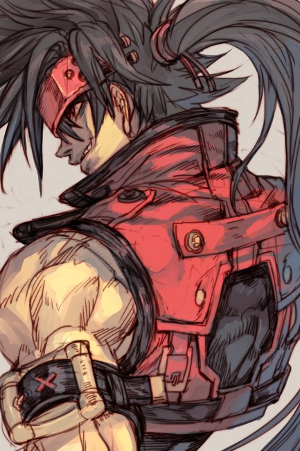 1boy arm_belt bare_shoulders black_hair copyright_request from_behind grey_background grin hankuri headband jacket long_hair male_focus muscle ponytail red_eyes red_jacket simple_background sleeveless_jacket smile solo standing