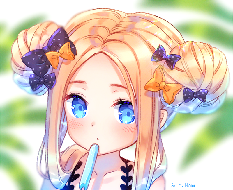 1girl abigail_williams_(fate/grand_order) bangs bare_shoulders black_bow blonde_hair blue_eyes blurry blurry_background blush bow closed_mouth collarbone commentary_request depth_of_field double_bun fate/grand_order fate_(series) food forehead hair_bow halter_top halterneck looking_at_viewer natsumii_chan orange_bow parted_bangs polka_dot polka_dot_bow popsicle portrait side_bun solo white_background