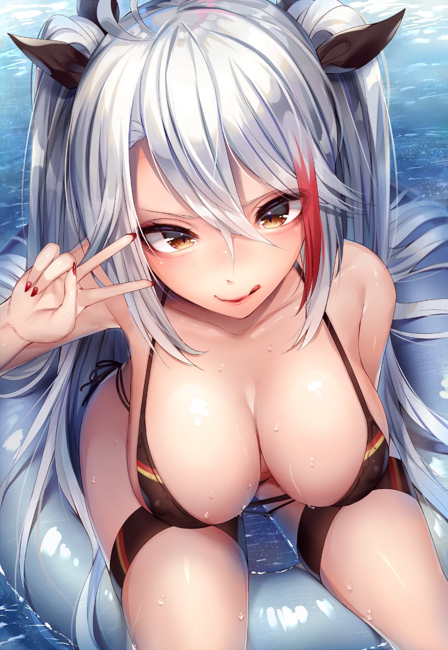 1girl :q antenna_hair azur_lane bangs bikini black_bikini black_ribbon blush breasts brown_eyes cleavage collarbone covered_nipples day eyebrows_visible_through_hair flag_print german_flag_bikini hair_between_eyes highres innertube iron_cross large_breasts long_hair looking_at_viewer mole mole_on_breast multicolored_hair nail_polish ntk_(7t5) outdoors partially_submerged prinz_eugen_(azur_lane) red_nails redhead ribbon silver_hair sitting skindentation smile solo streaked_hair swept_bangs swimsuit thigh_strap tongue tongue_out two_side_up v v-shaped_eyebrows very_long_hair water wet