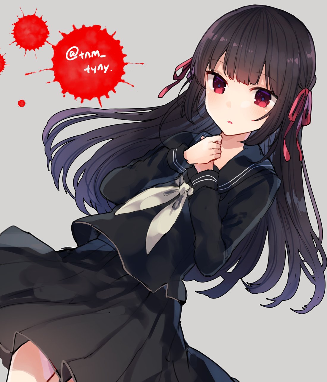 1girl black_hair black_sailor_collar black_serafuku black_shirt black_skirt commentary_request copyright_request dutch_angle eyebrows_visible_through_hair grey_background hair_ribbon hands_on_own_chest hands_together hands_up highres ikeuchi_tanuma long_hair long_sleeves looking_at_viewer neckerchief parted_lips pleated_skirt red_eyes red_ribbon ribbon sailor_collar school_uniform serafuku shirt simple_background skirt solo twitter_username white_neckwear