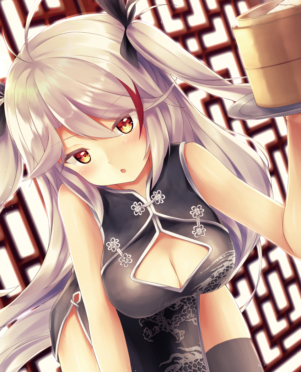 1girl alternate_costume antenna_hair azur_lane bangs black_dress black_legwear blush breasts brown_eyes china_dress chinese_clothes cleavage cleavage_cutout day dress eyebrows_visible_through_hair hair_between_eyes holding holding_tray indoors large_breasts leaning_forward long_hair looking_at_viewer multicolored_hair open_mouth pelvic_curtain prinz_eugen_(azur_lane) redhead ribbon rupe_paperu silver_hair smile solo streaked_hair thigh-highs thighs tray two_side_up very_long_hair