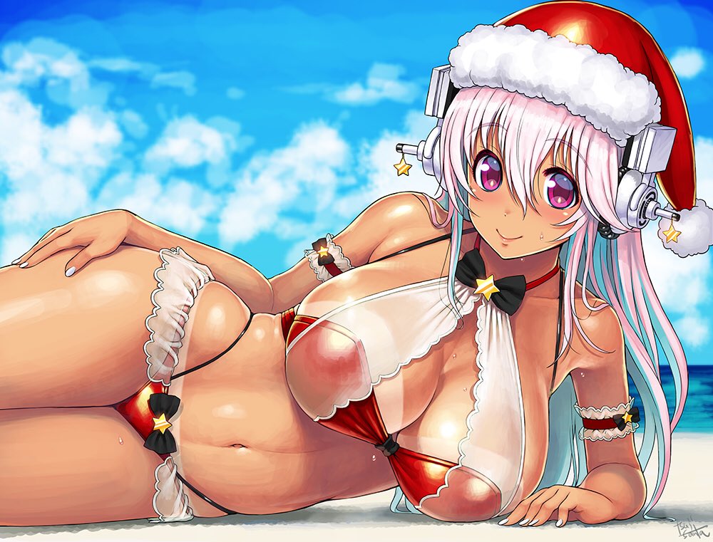 1girl aqua_hair arm_support bare_shoulders bikini bikini_tan blush breasts cleavage closed_mouth curvy eyebrows_visible_through_hair female hair_between_eyes hat headphones large_breasts long_hair looking_at_viewer lying midriff multicolored_hair nail_polish navel nitroplus on_side pink_eyes pink_hair revealing_clothes santa_hat smile solo super_sonico swimsuit tan tanline tsuji_santa two-tone_hair