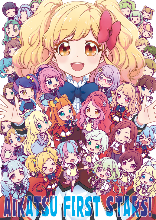 &gt;_&lt; 4boys 6+girls ;&gt; ahoge aikatsu!_(series) aikatsu_stars! alice_carol_(aikatsu_stars!) animal_ears ashida_yuuri_(aikatsu!) bangs blonde_hair blue_hair blunt_bangs bonnet bow bowtie caroline_(aikatsu!) character_request chibi closed_eyes closed_mouth commentary_request copyright_name elza_forte epaulettes everyone flower futaba_aria glasses green_eyes green_hair hair_bow hair_flower hair_ornament hairband hanazono_kirara haruka_ruka igarashi_nozomu kasumi_asahi kasumi_mahiru kasumi_yozora kira_kanata kisaragi_tsubasa kizaki_rei looking_at_viewer mizuki_maya multicolored multicolored_hair multiple_boys multiple_girls nanakura_koharu nijino_yume one_eye_closed open_mouth ponytail purple_bow purple_hair purple_skirt redhead s4_uniform sakuraba_rola saotome_ako school_uniform shiratori_hime shirogane_lilly short_hair skirt smile standing standing_on_one_leg swept_bangs twintails venus_ark_uniform yellow_eyes yotsuboshi_academy_uniform yuuki_subaru