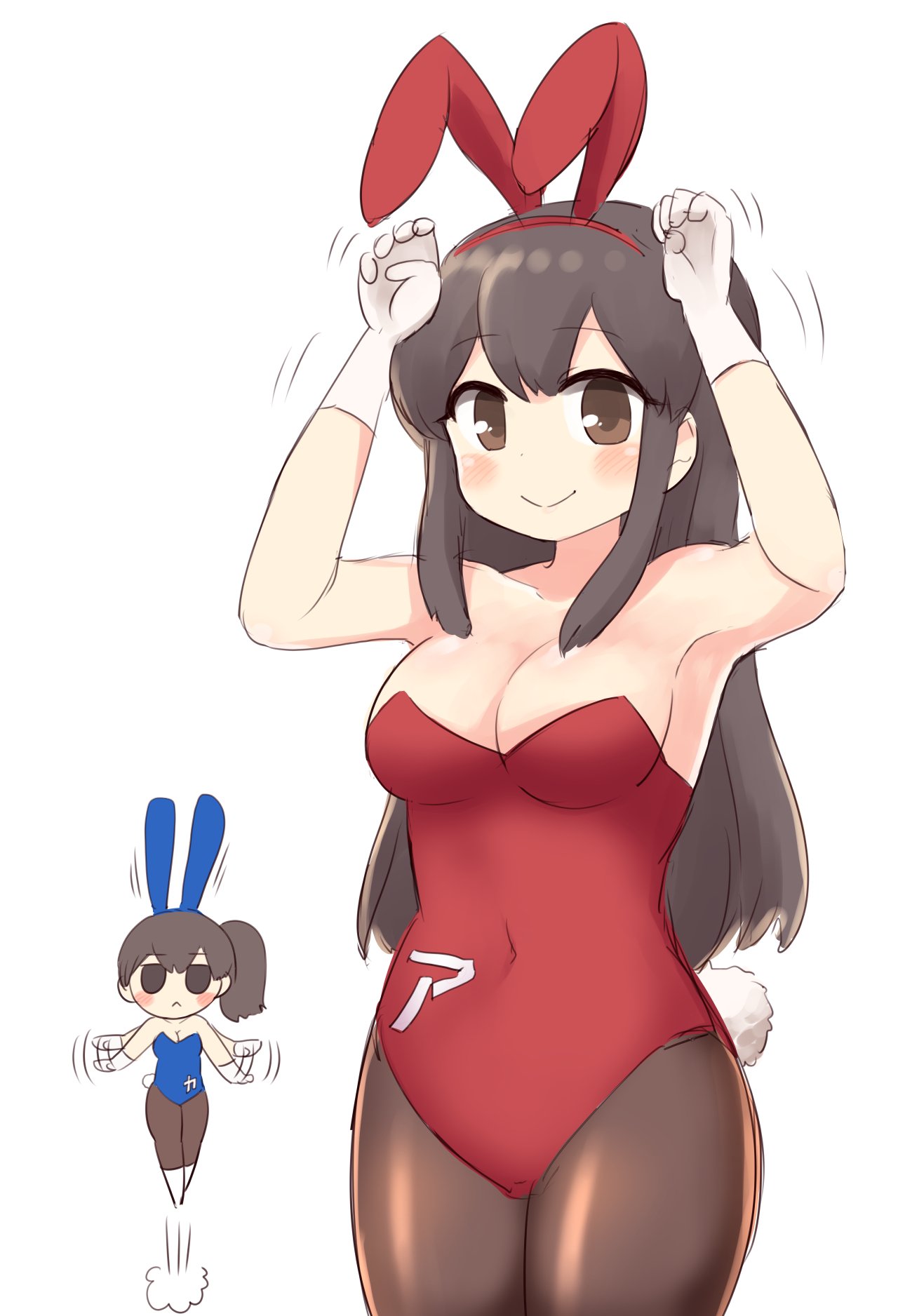 2girls akagi_(kantai_collection) alternate_costume animal_ears armpits black_hair blush breasts brown_eyes brown_hair bunny_girl bunny_tail bunnysuit chibi claw_pose cleavage commentary eyebrows_visible_through_hair fake_animal_ears fake_tail gloves highres jumping kaga_(kantai_collection) kantai_collection long_hair looking_at_viewer medium_breasts multiple_girls navel rabbit_ears side_ponytail simoyuki simple_background smile tail white_background white_gloves