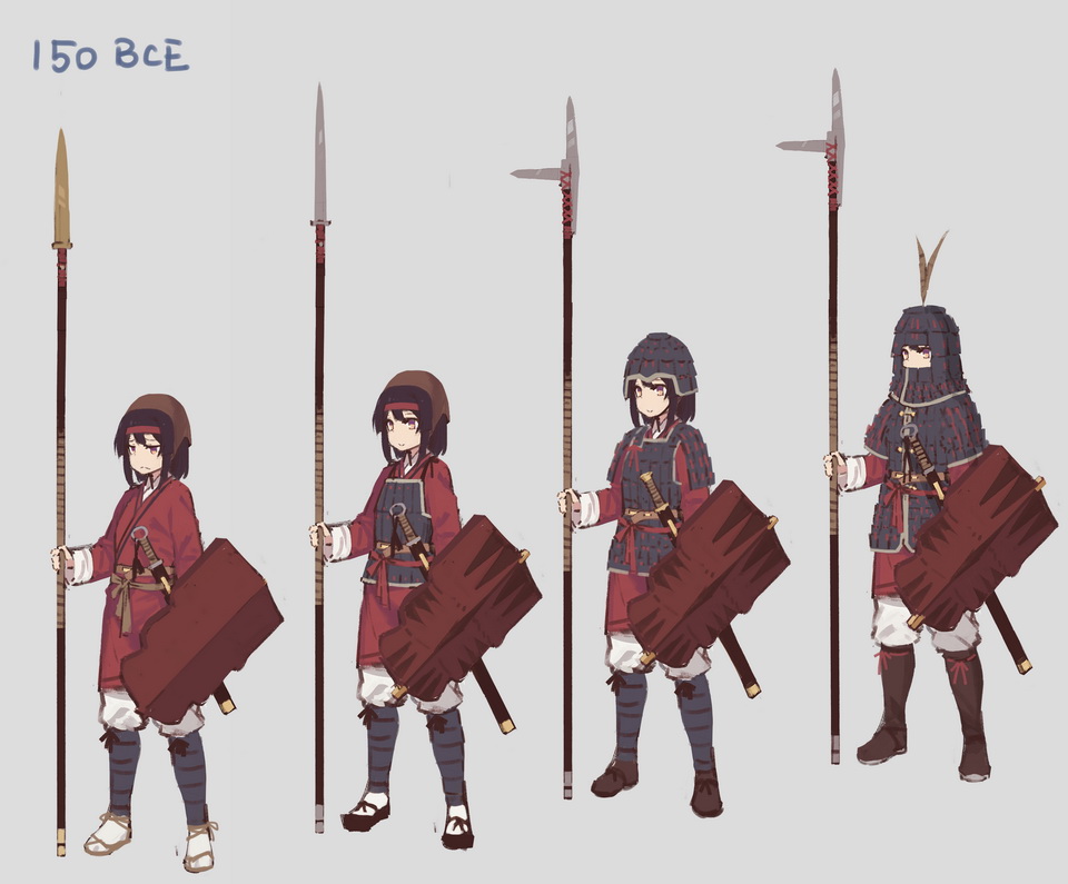 1girl armor black_hair fangdan_runiu glaive grey_background helmet holding holding_weapon japanese_armor long_sleeves naginata original plume polearm red_eyes sandals sash scabbard sheath shield shoes short_hair simple_background spear standing sword weapon white_legwear