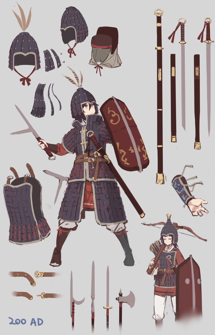 1girl armor black_hair bow_(weapon) closed_eyes crossbow crossbow_bolts fangdan_runiu fighting_stance grey_background helmet holding holding_sword holding_weapon japanese_armor multiple_views original plume quiver red_eyes scabbard sheath shield short_hair simple_background soldier standing sword weapon