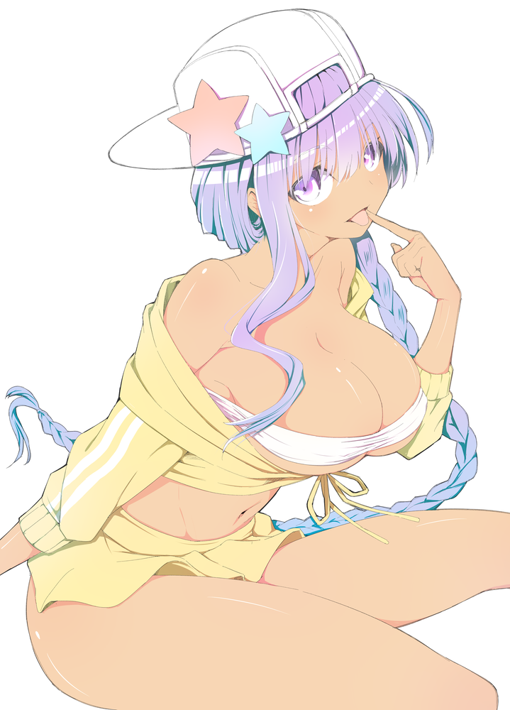 1girl backwards_hat bandeau bangs bare_shoulders bb_(fate/extra_ccc) bb_(swimsuit_mooncancer)_(fate) bikini_top blush braid breasts collarbone commentary_request eyebrows_visible_through_hair fate/grand_order fate_(series) feet_out_of_frame finger_to_mouth flat_cap front-tie_top groin hair_between_eyes hair_ornament hat hood hooded_jacket jacket large_breasts leaning_forward long_sleeves looking_at_viewer midriff miniskirt navel nirap off_shoulder purple_hair shiny shiny_skin sidelocks simple_background single_braid sitting skirt smile solo star star_hair_ornament stomach swimsuit tan thighs tongue tongue_out violet_eyes white_background white_bikini_top white_hat yellow_jacket yellow_skirt