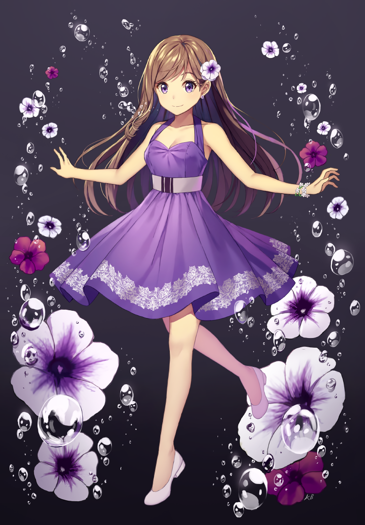 1girl bangs bare_arms bare_shoulders breasts brown_hair cleavage closed_mouth commentary dress earrings english_commentary eyebrows_visible_through_hair flower flower_bracelet grey_background hair_flower hair_ornament jewelry kim_bae-eo long_hair original pleated_dress purple_dress purple_flower shoes sleeveless sleeveless_dress small_breasts smile solo standing standing_on_one_leg very_long_hair violet_eyes white_flower white_footwear
