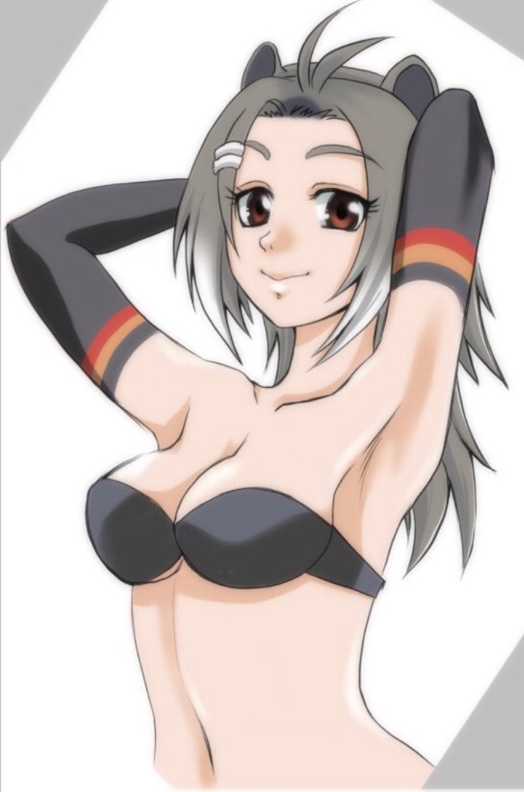 american_beaver_(kemono_friends) animal_ears armpits arms_behind_head beaver_ears black_bra black_gloves bra breasts brown_eyes eyebrows_visible_through_hair gloves grey_hair hair_ornament hairclip headband kemono_friends long_hair looking_at_viewer medium_breasts saijouji_reika smile underwear