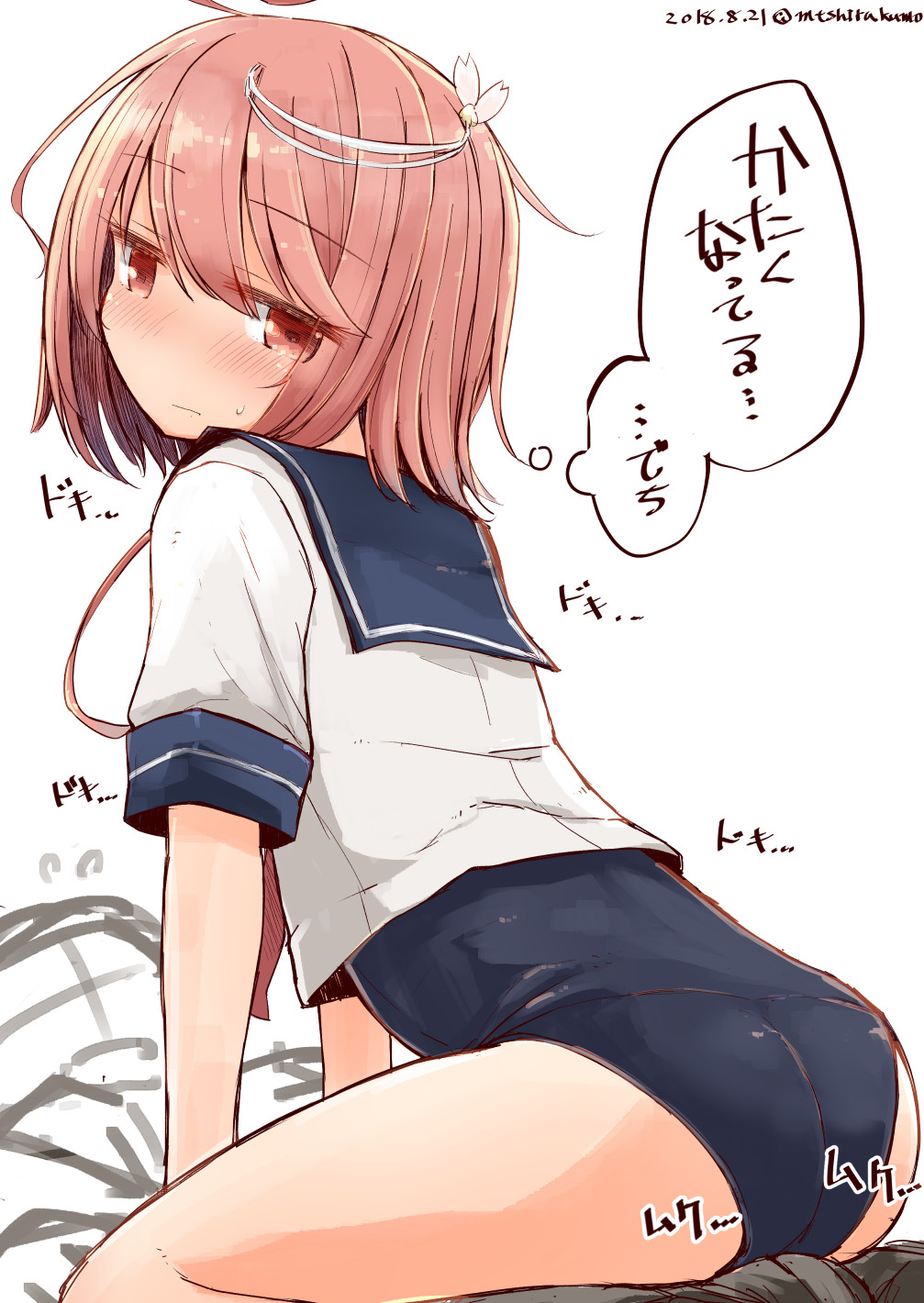 1girl 2018 ass blush closed_mouth commentary_request dated eyebrows_visible_through_hair hair_ornament hakuun_(m2230) highres i-58_(kantai_collection) kantai_collection looking_back one-piece_swimsuit red_eyes redhead school_uniform short_hair short_sleeves simple_background sitting sketch solo_focus swimsuit swimsuit_under_clothes thought_bubble translated twitter_username wariza white_background