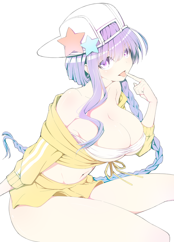 1girl backwards_hat bandeau bangs bare_shoulders bb_(fate/extra_ccc) bb_(swimsuit_mooncancer)_(fate) bikini_top blush braid breasts collarbone commentary_request eyebrows_visible_through_hair fate/grand_order fate_(series) feet_out_of_frame finger_to_mouth flat_cap front-tie_top groin hair_between_eyes hair_ornament hat hood hooded_jacket jacket large_breasts leaning_forward long_sleeves looking_at_viewer midriff miniskirt navel nirap off_shoulder purple_hair shiny shiny_skin sidelocks simple_background single_braid sitting skirt smile solo star star_hair_ornament stomach swimsuit thighs tongue tongue_out violet_eyes white_background white_bikini_top white_hat yellow_jacket yellow_skirt