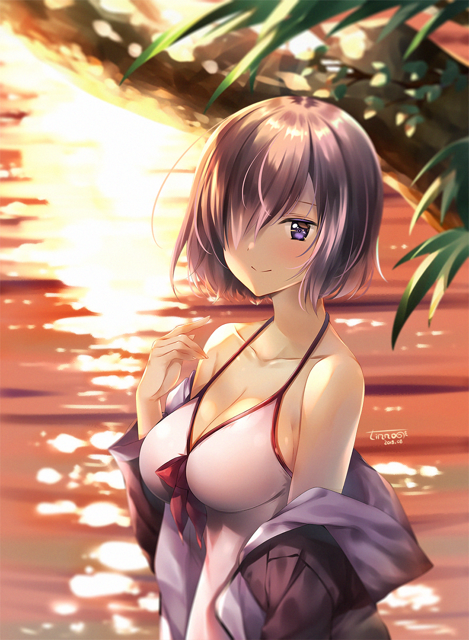 1girl bare_shoulders blurry blush breasts casual_one-piece_swimsuit cleavage closed_mouth collarbone colored_eyelashes dated depth_of_field evening fate/grand_order fate_(series) grey_jacket hair_over_one_eye hand_up highres jacket large_breasts leaf looking_at_viewer mash_kyrielight off_shoulder one-piece_swimsuit open_clothes open_jacket outdoors pink_hair reflection shiny shiny_hair short_hair smile solo sunlight swimsuit swimsuit_of_perpetual_summer tree upper_body violet_eyes water white_swimsuit zinno