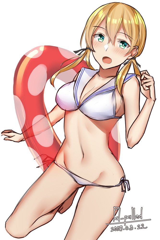 1girl artist_name bikini blonde_hair breasts cleavage cosplay cowboy_shot dated green_eyes innertube kantai_collection large_breasts looking_at_viewer lowleg lowleg_bikini open_mouth pallad polka_dot_innertube prinz_eugen_(kantai_collection) sailor_bikini sailor_collar side-tie_bikini simple_background solo swimsuit twintails white_background white_bikini z3_max_schultz_(kantai_collection) z3_max_schultz_(kantai_collection)_(cosplay)