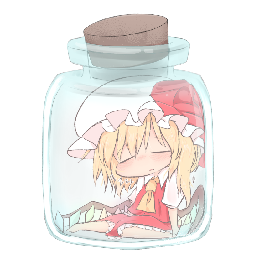 +++ 1girl ascot bangs barefoot blonde_hair blush bow breasts chibi closed_eyes collared_shirt commentary_request crystal d: eyebrows_visible_through_hair flandre_scarlet frilled_hat frilled_skirt frills full_body hat hat_bow in_container knees_together_feet_apart medium_skirt mob_cap nose_blush open_mouth puffy_short_sleeves puffy_sleeves raised_eyebrows red_bow red_skirt shirt short_hair short_sleeves shoupon side_ponytail simple_background sitting sketch_eyebrows skirt skirt_set sleeping small_breasts solo touhou white_background white_hat wing_collar wings yellow_neckwear zzz