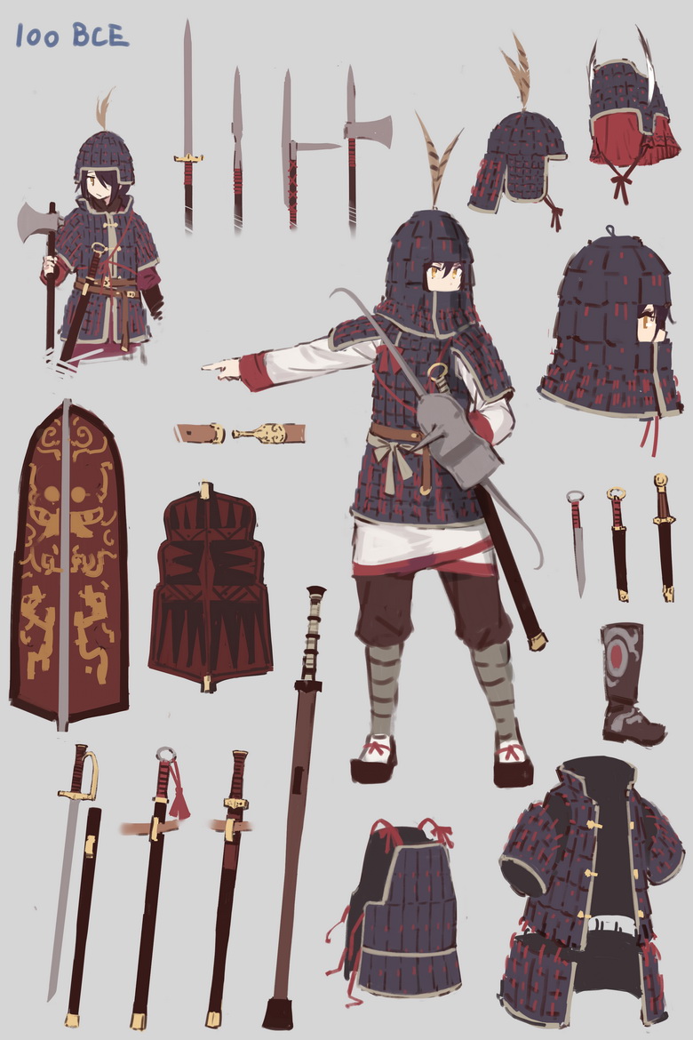 1girl armor axe black_hair chinese_armor fangdan_runiu glaive grey_background helmet holding holding_weapon multiple_views original plume red_eyes sandals shield short_hair simple_background socks standing sword weapon white_legwear