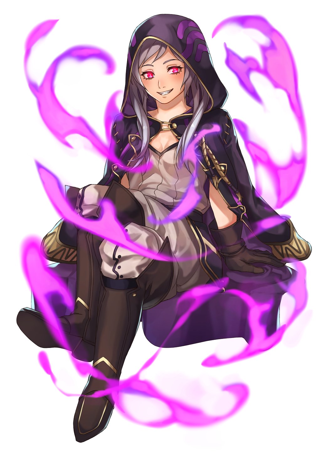 1girl aura boots brown_gloves dark_aura female_my_unit_(fire_emblem:_kakusei) fire_emblem fire_emblem:_kakusei gimurei gloves grin highres hood hood_up kamu_(kamuuei) knee_boots legs_crossed my_unit_(fire_emblem:_kakusei) red_eyes robe simple_background sitting smile solo white_background white_hair