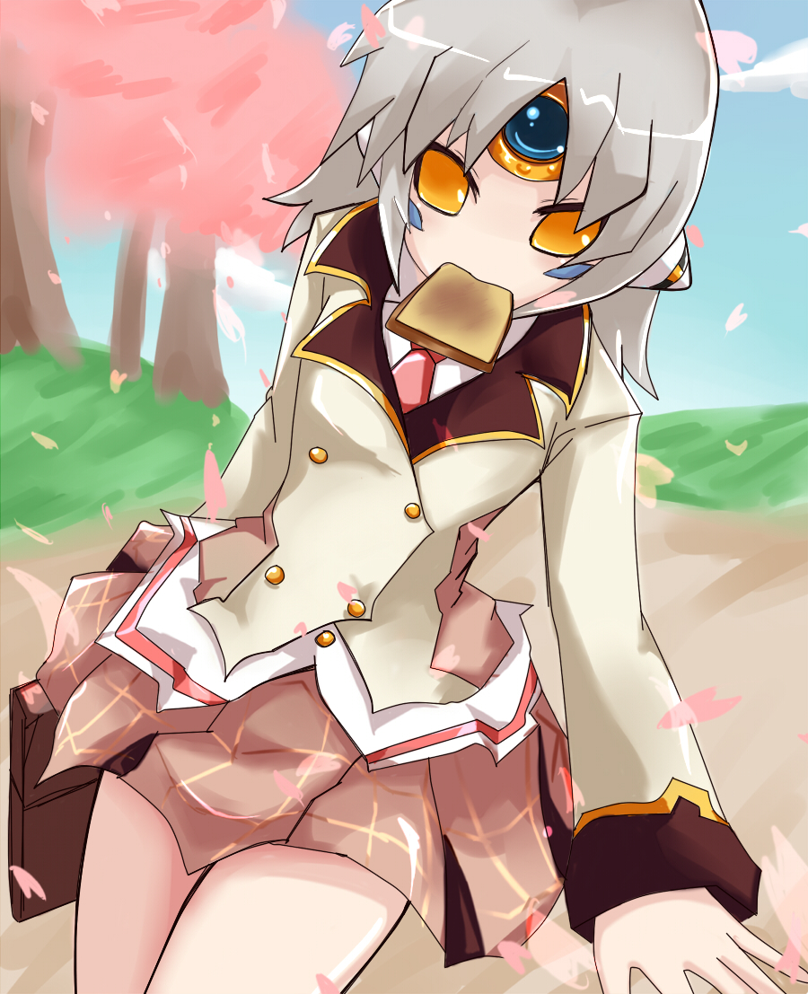 1girl cherry_blossoms elsword eve_(elsword) facial_mark food food_in_mouth forehead_jewel morumoru00 mouth_hold school_uniform short_hair silver_hair skirt student toast toast_in_mouth uniform yellow_eyes