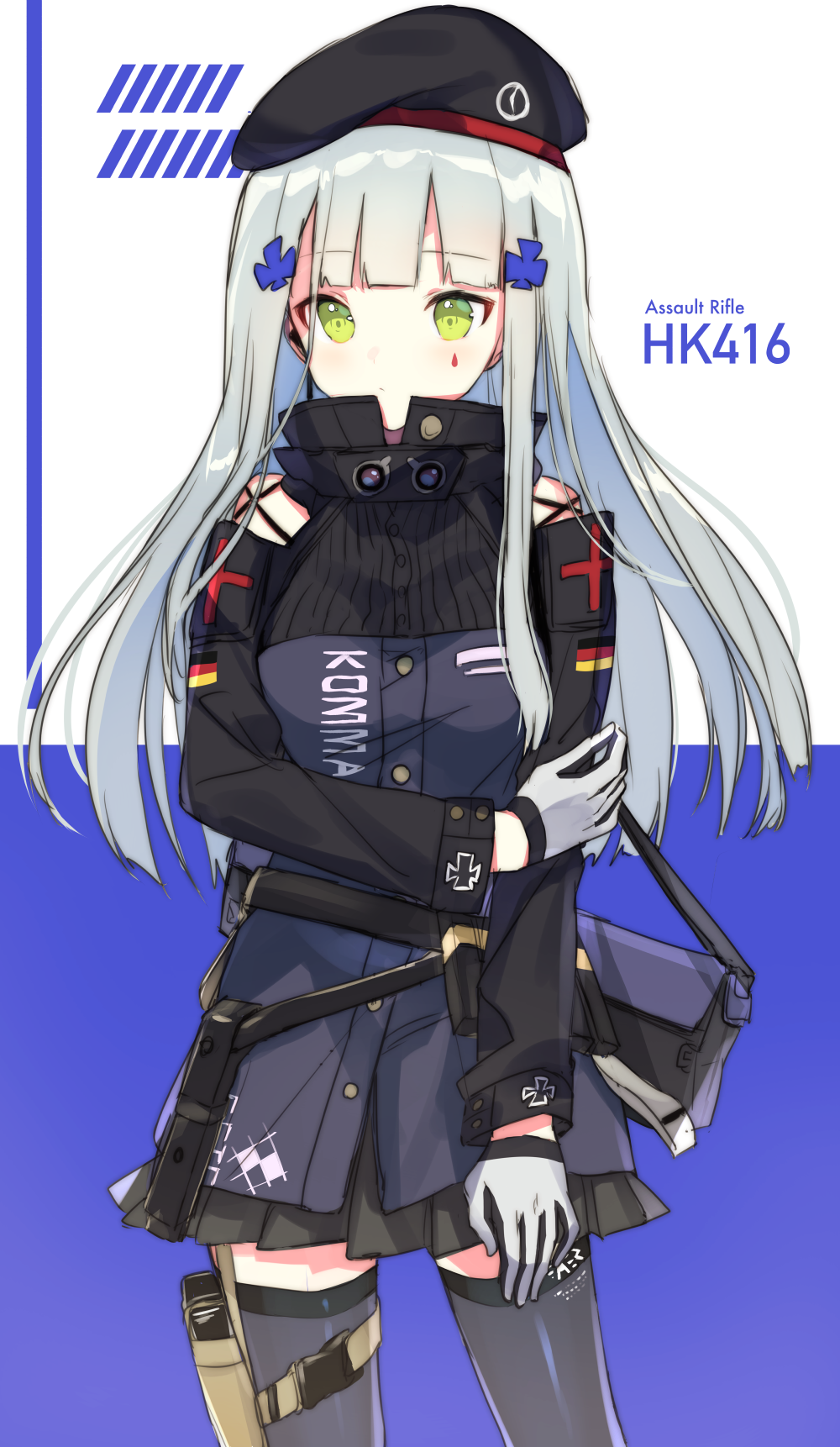 1girl bangs bare_shoulders belt belt_pouch black_hat black_legwear black_skirt blue_jacket blunt_bangs blush character_name closed_mouth clothes_writing commentary_request cona_kinaco cowboy_shot eyebrows_visible_through_hair facial_mark flag_print german_flag girls_frontline gloves green_eyes grey_hair hair_ornament hairclip hand_on_own_arm hat headset high_collar highres hk416_(girls_frontline) iron_cross jacket long_hair long_sleeves looking_at_viewer miniskirt pleated_skirt pouch shiny shiny_hair sidelocks sketch skirt solo thigh_pouch two-tone_background very_long_hair weapon_bag white_gloves