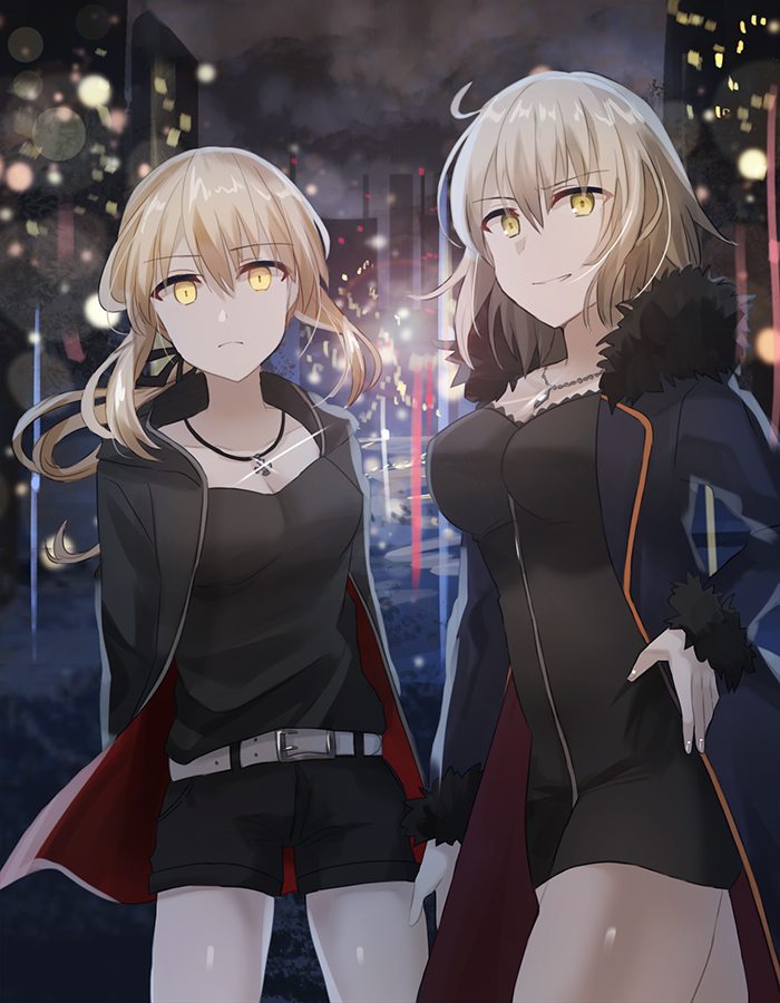2girls arms_behind_back artoria_pendragon_(all) bangs belt_buckle black_dress black_jacket black_ribbon black_shirt black_shorts blonde_hair breasts buckle building chihuri closed_mouth clouds cloudy_sky collarbone dress eyebrows_visible_through_hair fate/grand_order fate/stay_night fate_(series) fur-trimmed_jacket fur-trimmed_sleeves fur_trim glint hair_between_eyes hair_ribbon hand_on_hip hood hood_down hooded_jacket jacket jeanne_d'arc_(alter)_(fate) jeanne_d'arc_(fate)_(all) jewelry long_hair long_sleeves looking_at_viewer low_ponytail medium_breasts multiple_girls night open_clothes open_jacket outdoors parted_lips pendant purple_jacket ribbon saber_alter shirt short_shorts shorts sky skyscraper small_breasts smile white_belt wicked_dragon_witch_ver._shinjuku_1999 yellow_eyes