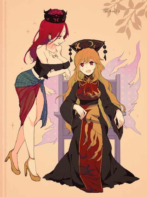 alternate_costume artist_request black_dress black_shirt blonde_hair chains chinese_clothes collar crescent dress energy fox_tail hat hecatia_lapislazuli junko_(touhou) long_hair looking_at_viewer multicolored multiple_tails polos_crown red_eyes redhead shirt smile t-shirt tabard tail touhou wide_sleeves