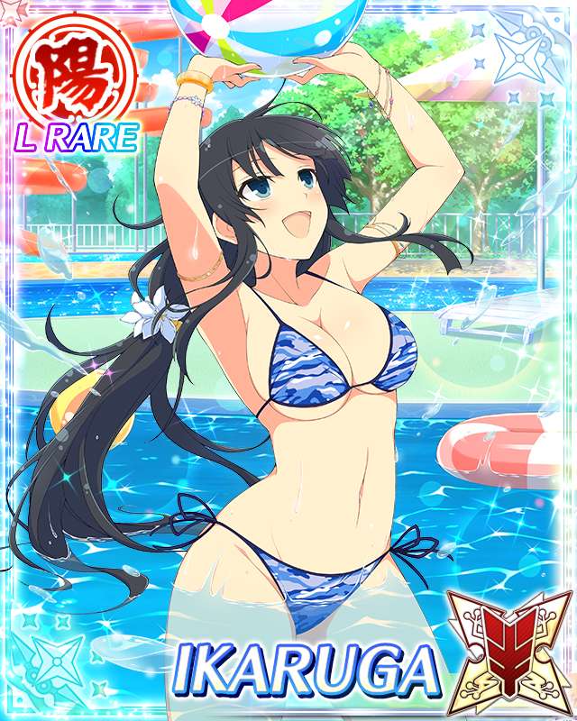 1girl :d arms_up ball bikini black_hair blue_bikini blue_eyes bracelet breasts card_(medium) character_name cleavage day flower happy ikaruga_(senran_kagura) jewelry large_breasts long_hair navel official_art open_mouth pool senran_kagura senran_kagura_new_wave smile solo standing stomach swimsuit trading_card very_long_hair water wet yaegashi_nan