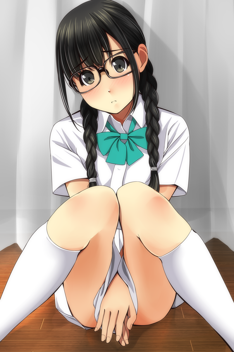 1girl bangs between_legs black-framed_eyewear black_eyes black_hair blush bow braid closed_mouth collared_shirt commentary_request covering covering_crotch curtains dress_shirt eyebrows_visible_through_hair feet_out_of_frame fingernails glasses green_bow hand_between_legs head_tilt highres kneehighs knees_together_feet_apart looking_at_viewer low_twintails matsunaga_kouyou on_floor original pleated_skirt shirt short_sleeves skirt solo transparent twin_braids twintails white_legwear white_shirt white_skirt wooden_floor