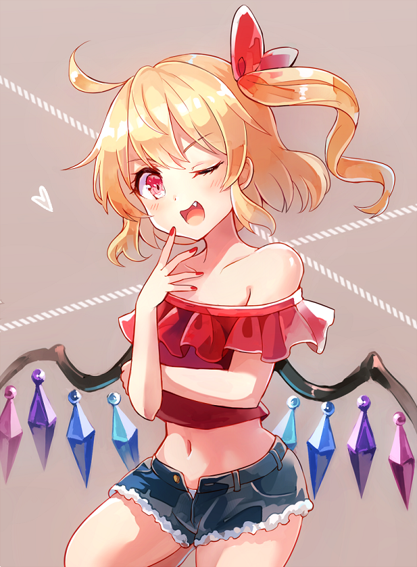 1girl 60mai ;d ahoge alternate_costume bangs bare_shoulders blonde_hair blush bow brown_background collarbone commentary_request cowboy_shot crop_top crystal cutoffs denim denim_shorts eyebrows_visible_through_hair fang flandre_scarlet frills hair_bow hand_up heart leg_up looking_at_viewer midriff nail_polish navel no_hat no_headwear off-shoulder_shirt off_shoulder one_eye_closed one_side_up open_mouth red_bow red_eyes red_nails red_shirt shirt short_hair short_shorts short_sleeves shorts simple_background smile solo standing standing_on_one_leg stomach thighs touhou wings