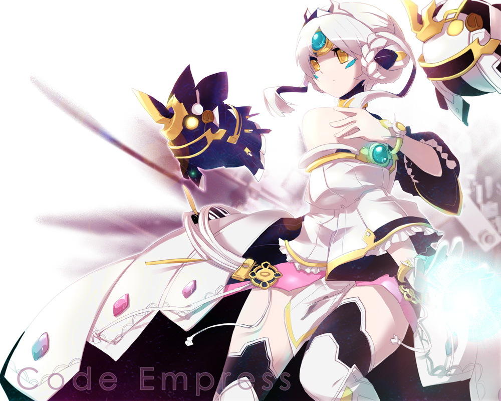 1girl bare_shoulders closed_mouth code:_empress_(elsword) crown drone elsword energy_ball eve_(elsword) facial_mark forehead_jewel kuroshio_maki moby_(elsword) remy_(elsword) short_hair silver_hair yellow_eyes