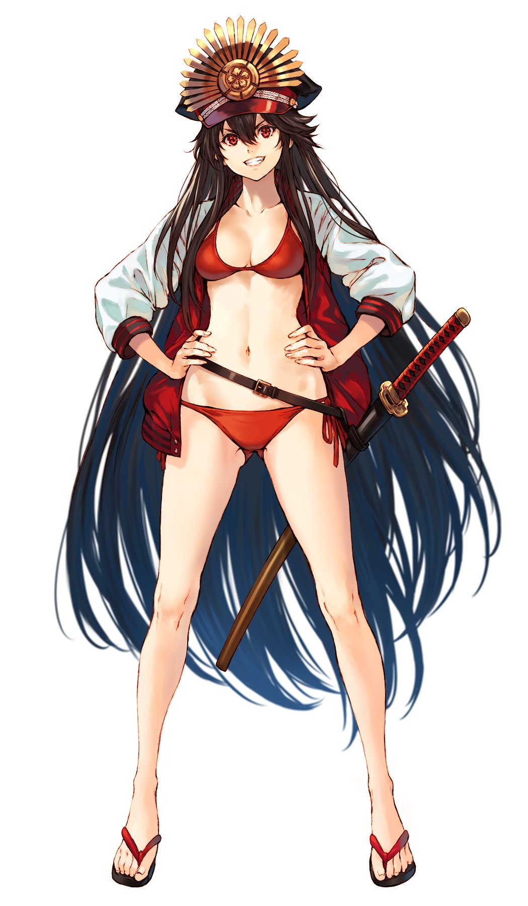 1girl bangs bikini black_hair black_hat breasts brown_eyes collarbone fate/grand_order fate_(series) full_body hair_between_eyes hat highres jacket katana long_hair long_sleeves looking_at_viewer makimura_shunsuke military_hat oda_nobunaga_(fate) oda_nobunaga_(swimsuit_berserker)_(fate) open_clothes open_jacket open_mouth peaked_cap red_bikini red_eyes sandals smile solo standing swimsuit sword very_long_hair weapon white_background