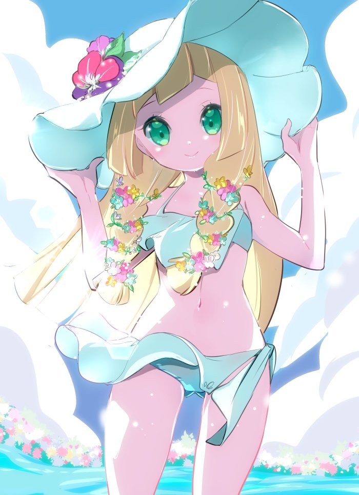 1girl bangs bikini blonde_hair blush breasts chorimokki closed_mouth clouds cowboy_shot creatures_(company) facing_viewer flower game_freak green_eyes hair_ornament hat holding holding_hat lillie_(pokemon) long_hair looking_at_viewer nintendo pokemon pokemon_(game) pokemon_sm smile solo standing sun_hat swimsuit water white_bikini white_hat