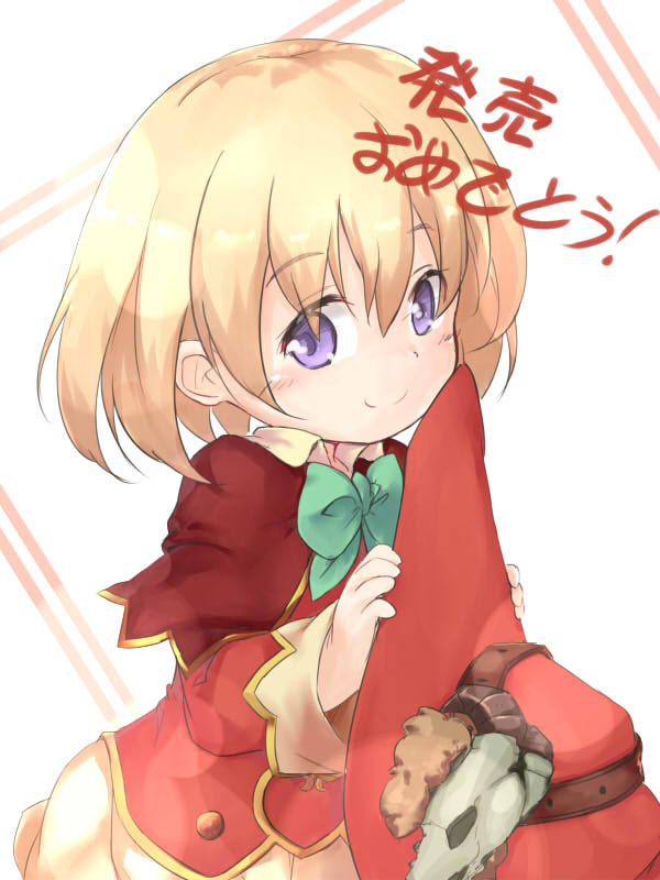 1girl baigao blonde_hair bow bowtie capelet chinese_commentary commentary_request eyebrows_visible_through_hair eyes_visible_through_hair green_neckwear hair_between_eyes hat hat_removed headwear_removed holding holding_hat monster_girl_encyclopedia red_hat short_hair skull smile solo violet_eyes witch_(monster_girl_encyclopedia)