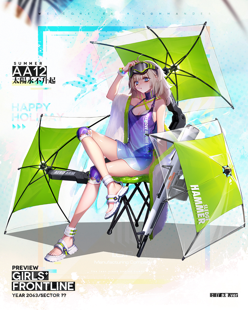 1girl aa-12 aa-12_(girls_frontline) ahoge alternate_costume bags_under_eyes bangle bangs bare_shoulders beach_umbrella bikini blue_dress blue_eyes bracelet breasts candy character_name choker cleavage clothes_writing copyright_name dress food full_body girls_frontline goggles goggles_on_head gun hand_on_eyewear jewelry knee_pads legs_crossed logo lollipop long_hair looking_at_viewer machinery medium_breasts mouth_hold nail_polish official_art sandals shade shiny shiny_skin shotgun side_slit sidelocks silver_hair silverwing sitting solo stool sweat swimsuit thighs towel umbrella weapon