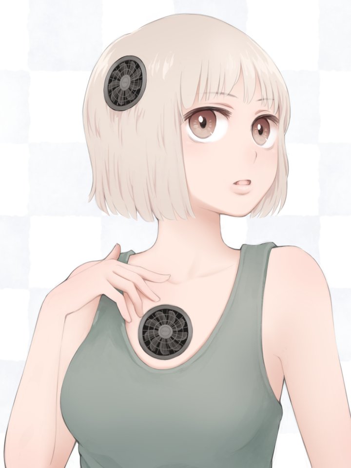 1girl bare_arms bare_shoulders blonde_hair breasts brown_eyes commentary_request eyebrows_visible_through_hair fan hand_up looking_at_viewer original parted_lips short_hair solo tank_top upper_body white_background yajirushi_(chanoma)