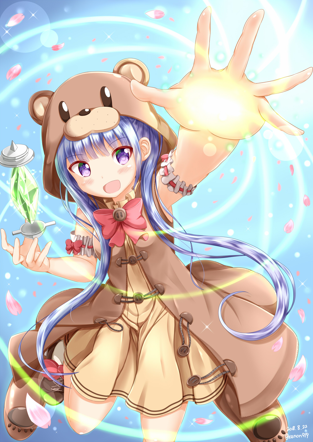 1girl :d animal_ears animal_hood arm_up bad_hands bangs bear_ears bear_hood blush bow brown_coat brown_dress brown_footwear coat commentary_request crystal dress eyebrows_visible_through_hair highres hood hood_up hooded_coat kirara_fantasia long_hair looking_at_viewer new_game! open_mouth outstretched_arm petals purple_hair red_bow shoes smile socks solo suzukaze_aoba very_long_hair violet_eyes white_legwear zenon_(for_achieve)