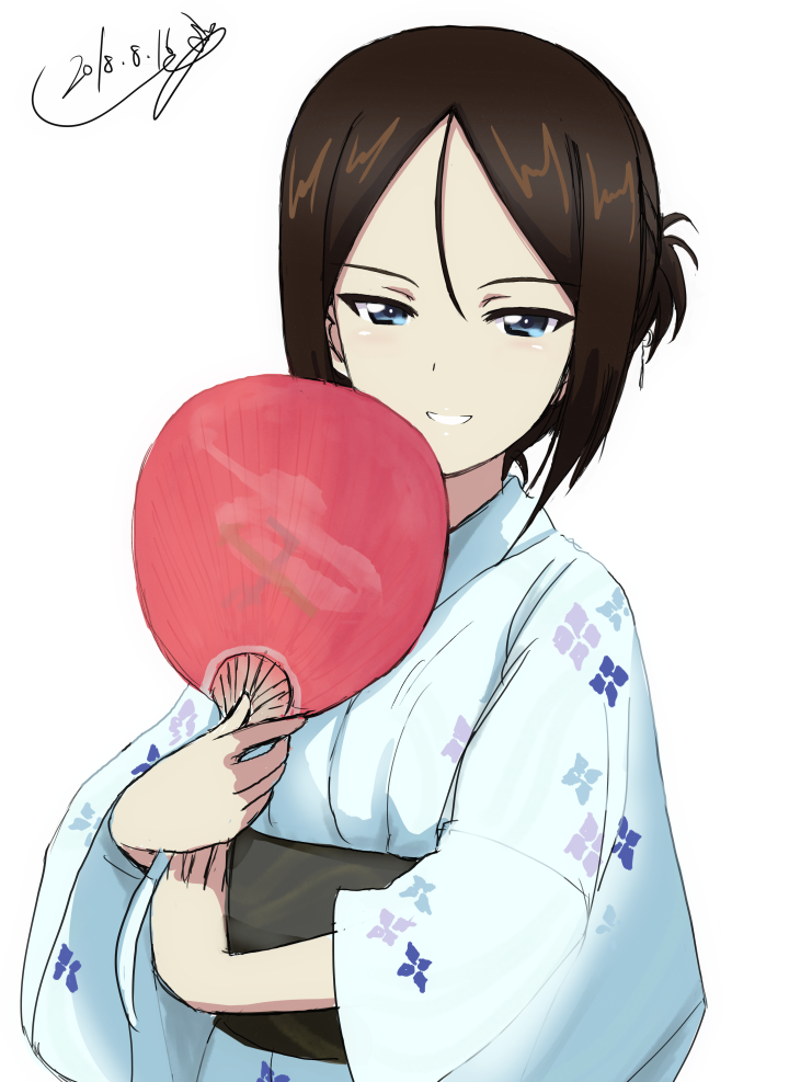 1girl alternate_hair_length alternate_hairstyle artist_name bangs black_hair blue_eyes blue_kimono bukkuri dated fan girls_und_panzer hair_up holding japanese_clothes kimono long_hair long_sleeves looking_at_viewer nonna obi paper_fan parted_lips print_kimono sash short_hair signature simple_background smile solo standing swept_bangs upper_body white_background wide_sleeves