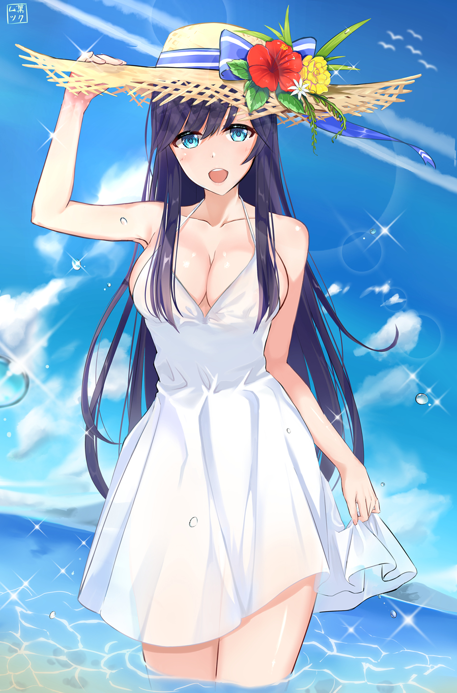 1girl :d adjusting_clothes adjusting_hat black_hair blue_bow blue_eyes blue_sky bow breasts cleavage clouds collarbone day dress droplet flower hat hat_bow hat_flower hibiscus highres large_breasts long_hair looking_at_viewer mukatsukulsp ocean open_mouth original outdoors red_flower see-through skirt_hold sky smile solo straw_hat summer sun_hat thighs very_long_hair wading water white_dress yellow_flower