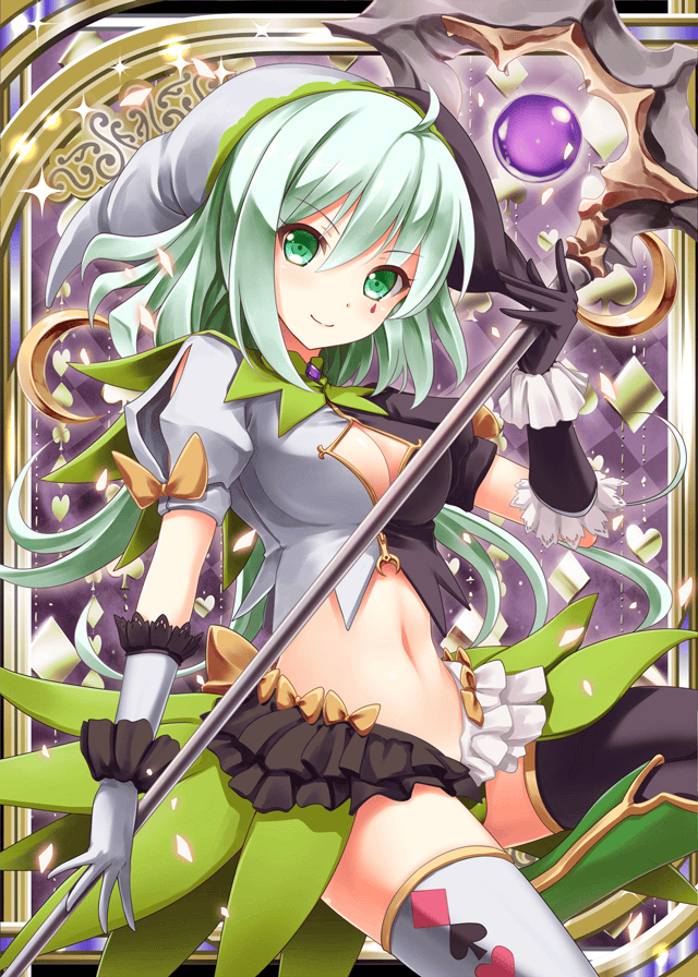 1girl akkijin card_(medium) clown club_(shape) diamond_(symbol) gloves green_eyes green_hair heart holding holding_weapon midriff moon multicolored multicolored_clothes official_art shinkai_no_valkyrie solo spade_(shape) staff thigh-highs weapon