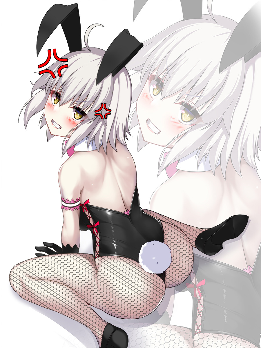 1girl ahoge anger_vein animal_ears arm_garter arm_support ass bangs bare_shoulders black_footwear black_gloves black_legwear black_leotard blush bunny_girl bunny_tail bunnysuit clenched_teeth commentary_request detached_collar eyebrows_visible_through_hair eyeliner fake_animal_ears fake_tail fate/apocrypha fate_(series) fishnet_pantyhose fishnets from_above gloves grey_hair hair_between_eyes head_tilt highres jeanne_d'arc_(alter)_(fate) jeanne_d'arc_(fate)_(all) leotard lipstick looking_at_viewer looking_back makeup medium_hair okuri_banto pale_skin pantyhose pink_lipstick rabbit_ears shoulder_blades sidelocks sitting solo strapless strapless_leotard tail teeth v-shaped_eyebrows wariza white_background yellow_eyes zoom_layer