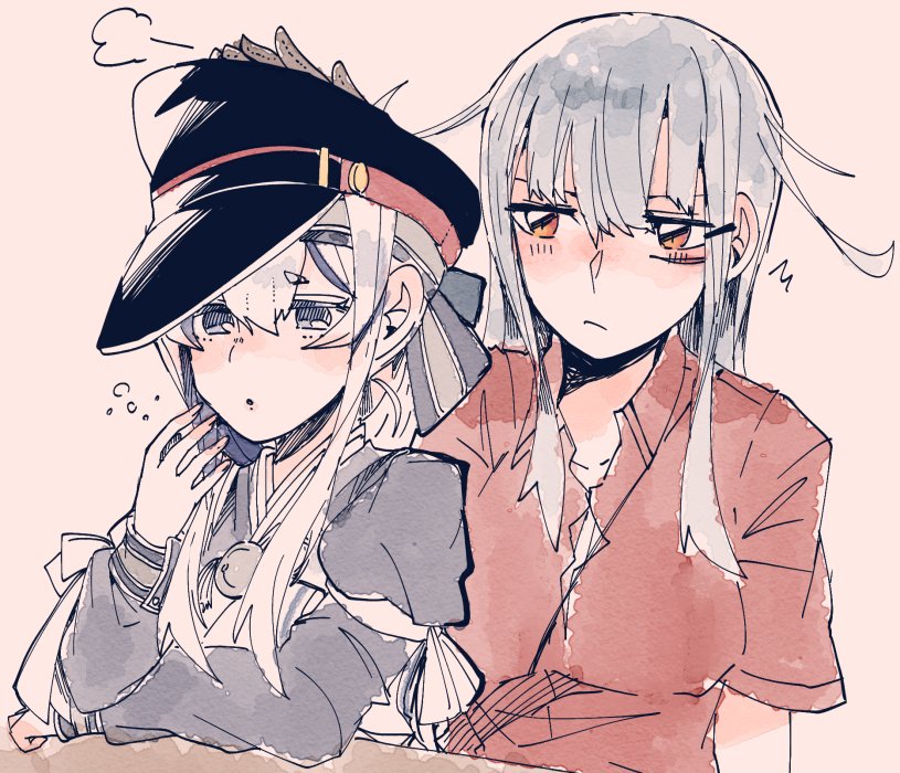 2girls ainu_clothes blue_eyes blush breasts eyebrows_visible_through_hair facial_scar flat_cap gangut_(kantai_collection) grey_hair hair_between_eyes hat headband itomugi-kun japanese_clothes kamoi_(kantai_collection) kantai_collection large_breasts long_hair long_sleeves looking_at_viewer military military_hat military_uniform multiple_girls red_eyes red_shirt scar shirt silver_hair uniform