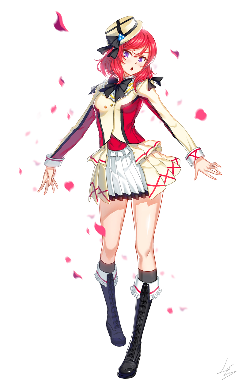 1girl :o artist_name bangs black_footwear black_legwear black_neckwear blurry boots bow bowtie commentary hat hat_bow highres jacket knee_boots kws long_sleeves looking_at_viewer love_live! love_live!_school_idol_project nishikino_maki outstretched_arms parted_lips petals pleated_skirt redhead short_hair signature simple_background skirt socks solo sore_wa_bokutachi_no_kiseki spread_arms standing standing_on_one_leg violet_eyes white_background white_hat white_jacket white_skirt
