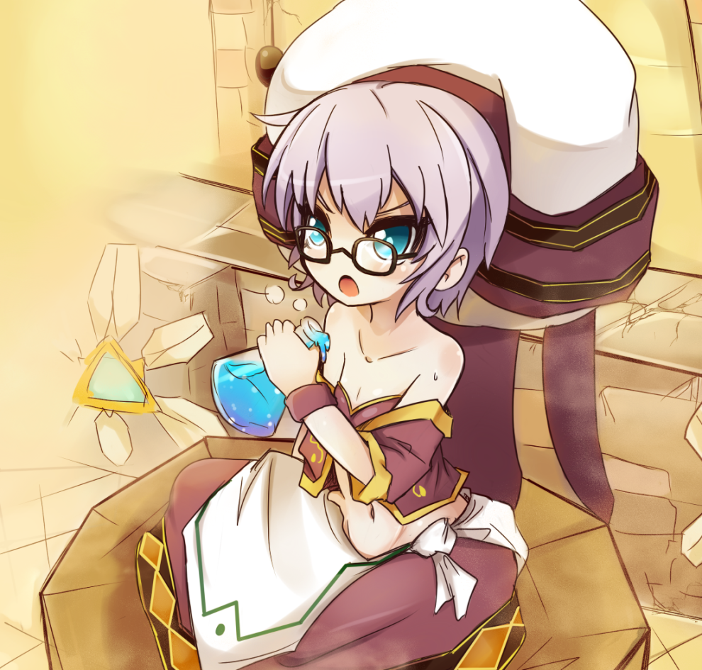 1girl alchemist bare_shoulders big_hat blue_eyes breasts cleavage collarbone elsword glasses grandma morumoru00 navel open_mouth potion purple_hair skirt