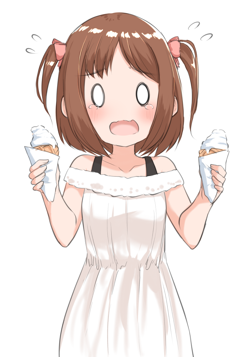 0_0 1girl blank_eyes blush bra_strap brown_hair commentary_request dress flying_sweatdrops highres ice_cream_cone looking_at_viewer open_mouth original simple_background solo standing tears two_side_up white_background white_dress yuki_arare