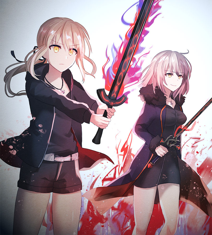 2girls artoria_pendragon_(all) bangs belt_buckle black_dress black_jacket black_ribbon black_shirt black_shorts blonde_hair breasts buckle chihuri closed_mouth collarbone dark_excalibur dress eyebrows_visible_through_hair fate/grand_order fate/stay_night fate_(series) fur-trimmed_jacket fur-trimmed_sleeves fur_trim glint hair_between_eyes hair_ribbon holding holding_sword holding_weapon hood hood_down hooded_jacket jacket jeanne_d'arc_(alter)_(fate) jeanne_d'arc_(fate)_(all) jewelry light_brown_hair long_hair long_sleeves looking_away low_ponytail medium_breasts multiple_girls open_clothes open_jacket pendant purple_jacket ribbon saber_alter shirt short_shorts shorts smile sword two-handed weapon white_belt wicked_dragon_witch_ver._shinjuku_1999 yellow_eyes