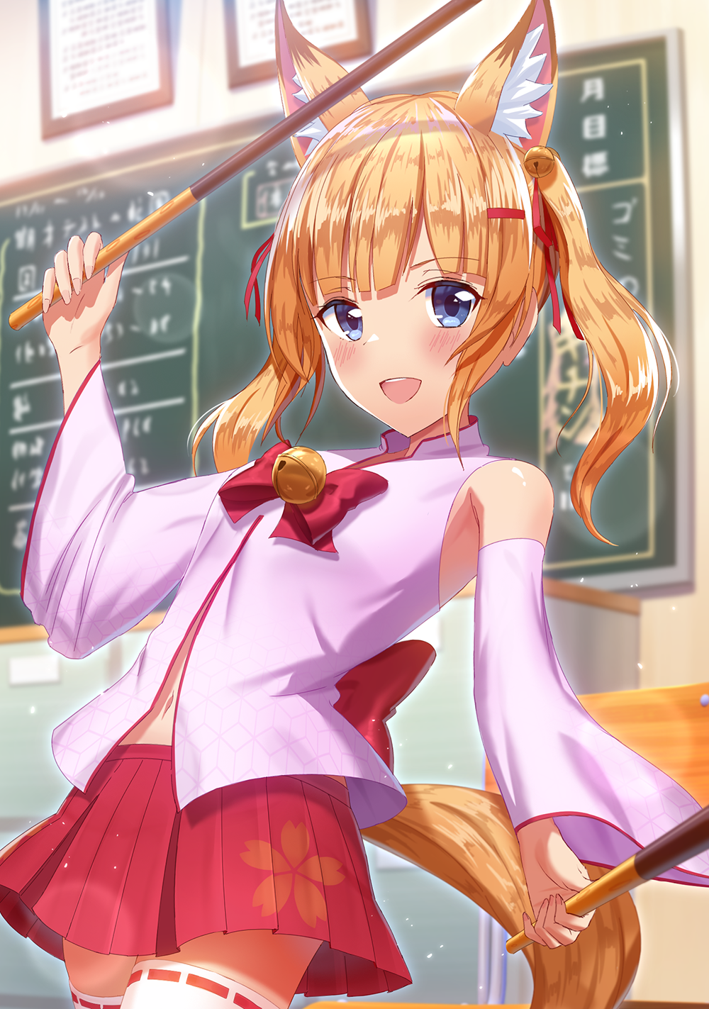 1girl :d animal_ears arm_up bangs bare_shoulders bell blue_eyes blurry blurry_background blush brown_hair classroom commentary_request depth_of_field detached_sleeves dual_wielding eyebrows_visible_through_hair fingernails food fox_ears fox_girl fox_tail hair_bell hair_ornament hair_ribbon hairclip highres holding holding_food indoors jingle_bell kemomimi_oukoku_kokuei_housou long_hair long_sleeves looking_at_viewer mikoko_(kemomimi_oukoku_kokuei_housou) mikomiko_(mikomikosu) open_mouth oversized_object pleated_skirt pocky red_ribbon red_skirt ribbon ribbon-trimmed_legwear ribbon_trim round_teeth skirt smile solo tail teeth thigh-highs twintails upper_teeth virtual_youtuber white_legwear wide_sleeves