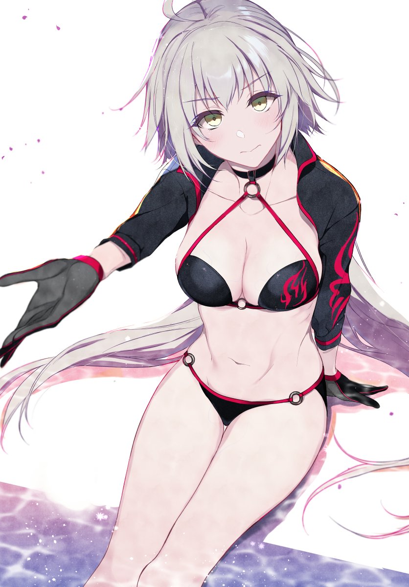 1girl ahoge bikini black_bikini black_gloves collarbone commentary_request eyebrows_visible_through_hair eyes_visible_through_hair fate/grand_order fate_(series) gloves grey_hair head_tilt highres jeanne_d'arc_(alter_swimsuit_berserker) jeanne_d'arc_(fate)_(all) long_hair looking_at_viewer navel o-ring o-ring_bikini o-ring_top outstretched_arm pochi_(pochi-goya) sitting solo swimsuit v-shaped_eyebrows very_long_hair yellow_eyes