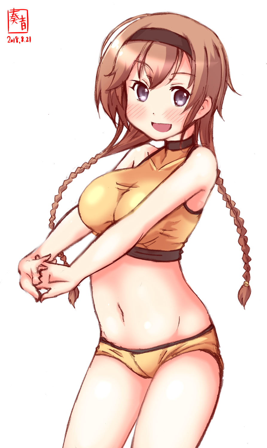 1girl artist_logo bikini braid breasts brown_hair collarbone commentary_request cowboy_shot dated grey_eyes groin highres kanon_(kurogane_knights) kantai_collection large_breasts long_hair looking_at_viewer midriff navel orange_bikini simple_background solo standing stretch swimsuit tank_top teruzuki_(kantai_collection) turtleneck twin_braids white_background