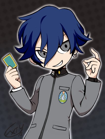 1boy card earrings gakuran grey_eyes jewelry male_focus parody persona persona_1 persona_q_(series) school_uniform signature single_earring solo st._hermelin_school_uniform style_parody toudou_naoya upper_body